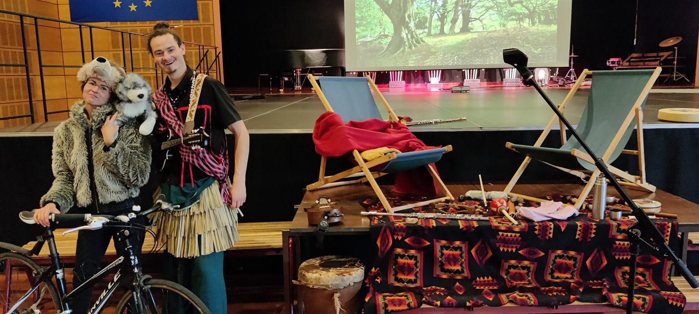 The stage set up for a concert, with instruments laid out across it